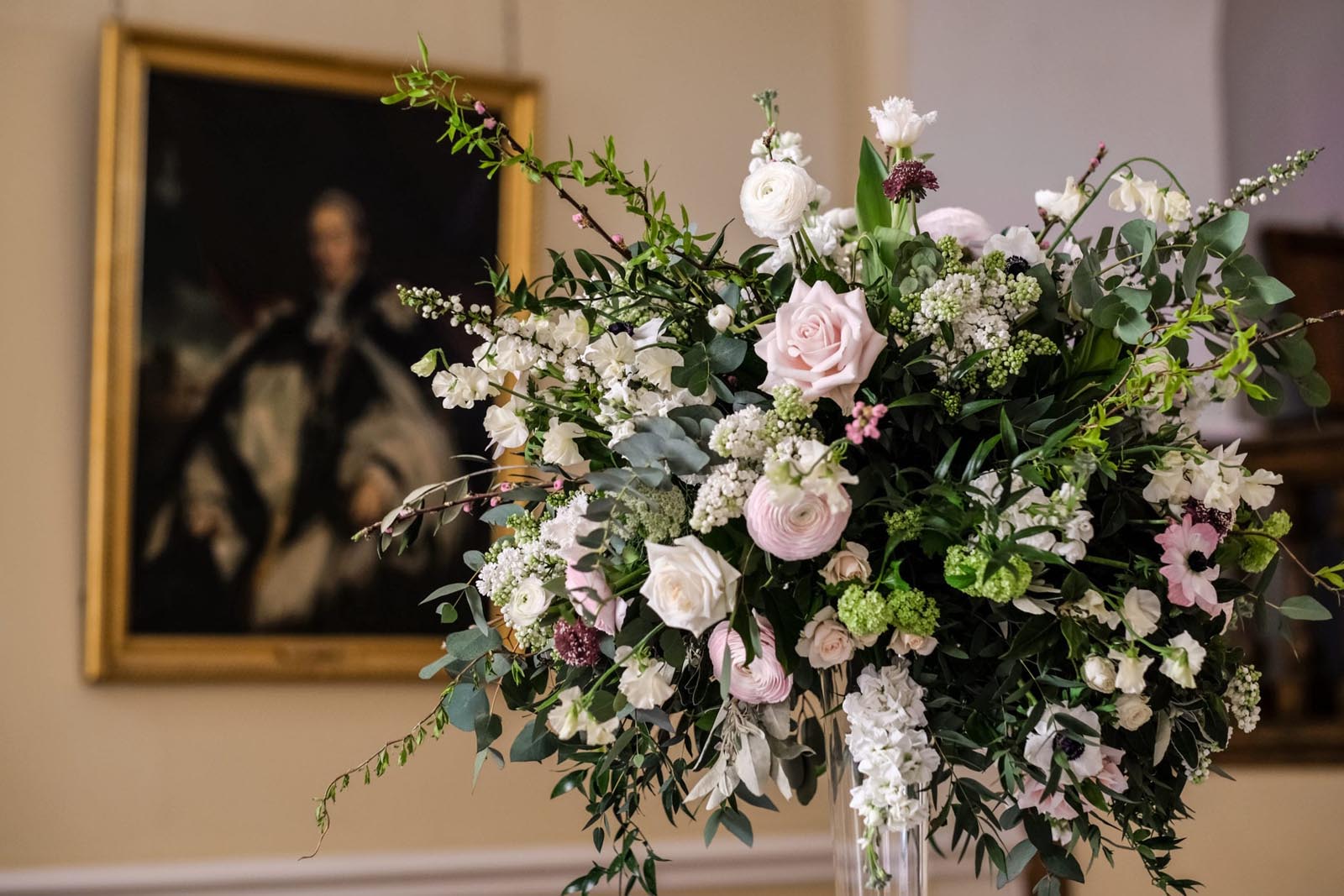 Floral display in The Great Hall at Farnham Castle