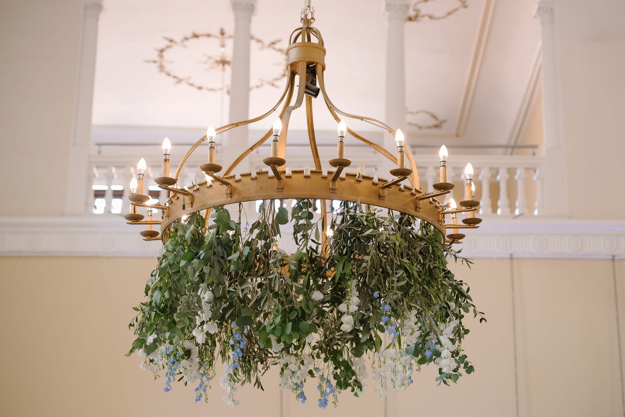 Floral chandelier at a wedding venue in Surrey