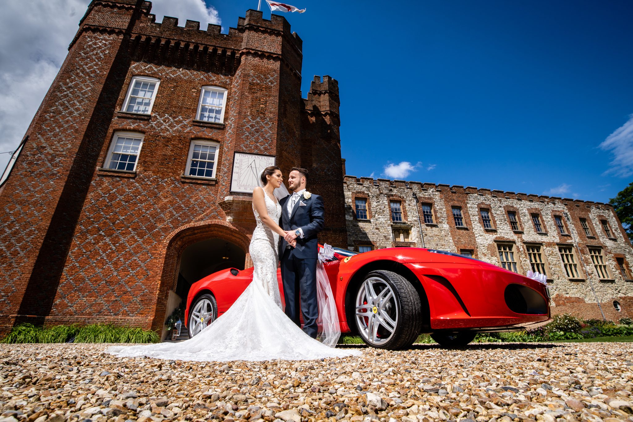 Sport car wedding transport at Farnham Castle